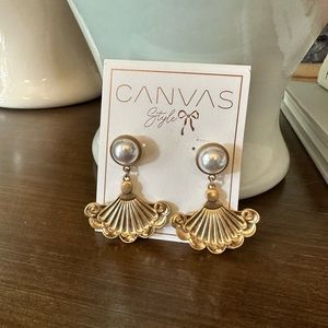 Canvas Style Gold and Pearl Fan Drop Earrings
